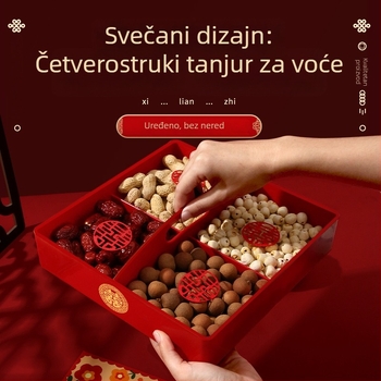 Tanjur za voće s mrežastim dizajnom četiri odjeljka, prenosiva kutija za suho voće za zaruke, plastika, mrežasti uzorak, novi kineski stil.