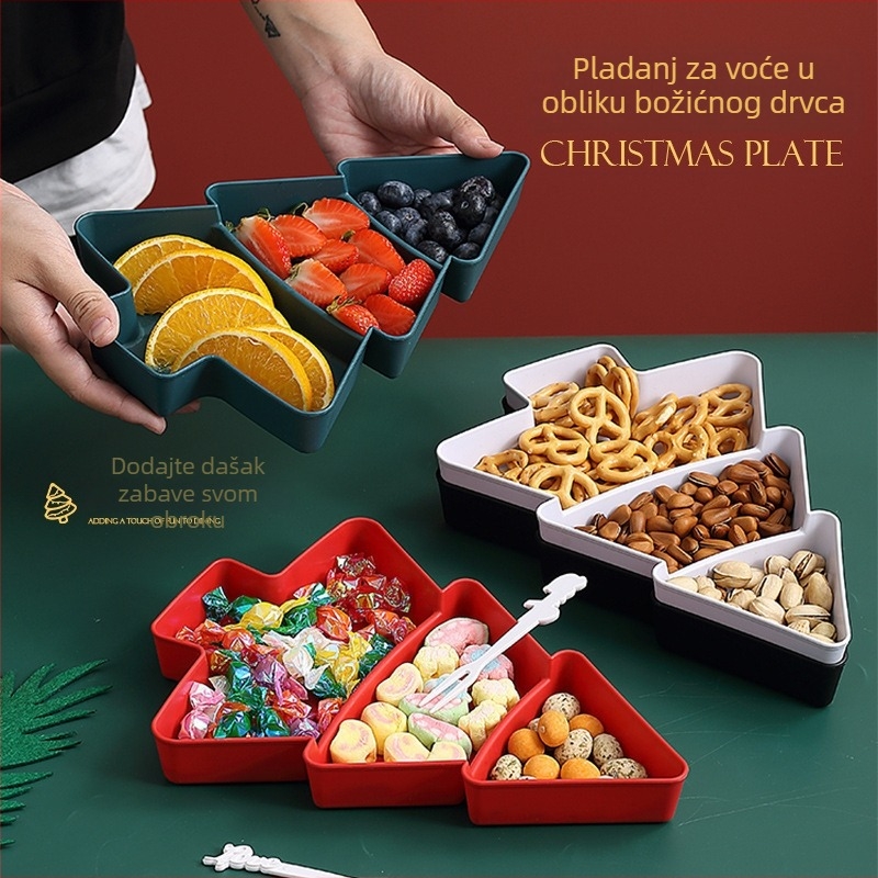 Plastična tanjura za voće s odjeljcima u obliku božićnog drvca | Brand Hongzheng • Proizvod lansiran ujesen 2023 • Kategorija: tanjur za voće • Stil: Božić