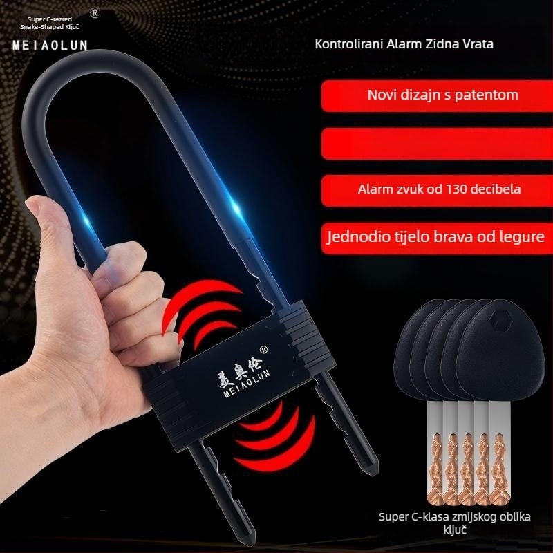 Mehanički U-oblikovani sigurnosni zasun za vrata trgovine s alarmom, model Bj08, debljina šipke 13 mm, razmak šipki 90 mm, materijal: cinkov legura i kaljeno čelik.
