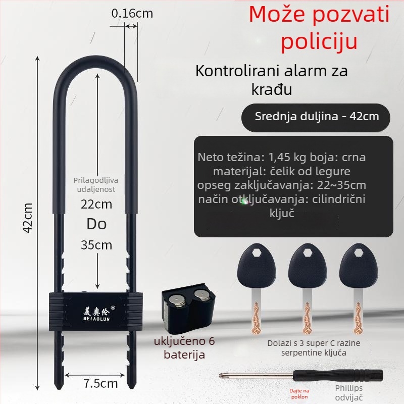Mehanički U-oblikovani sigurnosni zasun za vrata trgovine s alarmom, model Bj08, debljina šipke 13 mm, razmak šipki 90 mm, materijal: cinkov legura i kaljeno čelik.