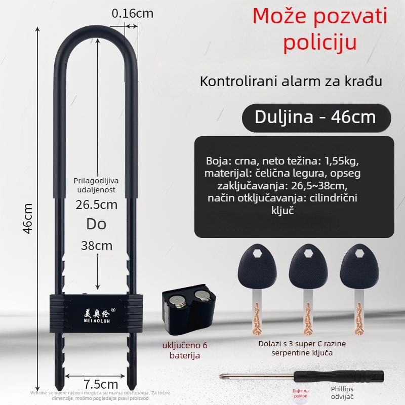 Mehanički U-oblikovani sigurnosni zasun za vrata trgovine s alarmom, model Bj08, debljina šipke 13 mm, razmak šipki 90 mm, materijal: cinkov legura i kaljeno čelik.