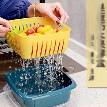 Kuhinjski dvostruki koš za pranje i odvod voća i povrća s poklopcem, plastični PP, kvadratni model, Longchang