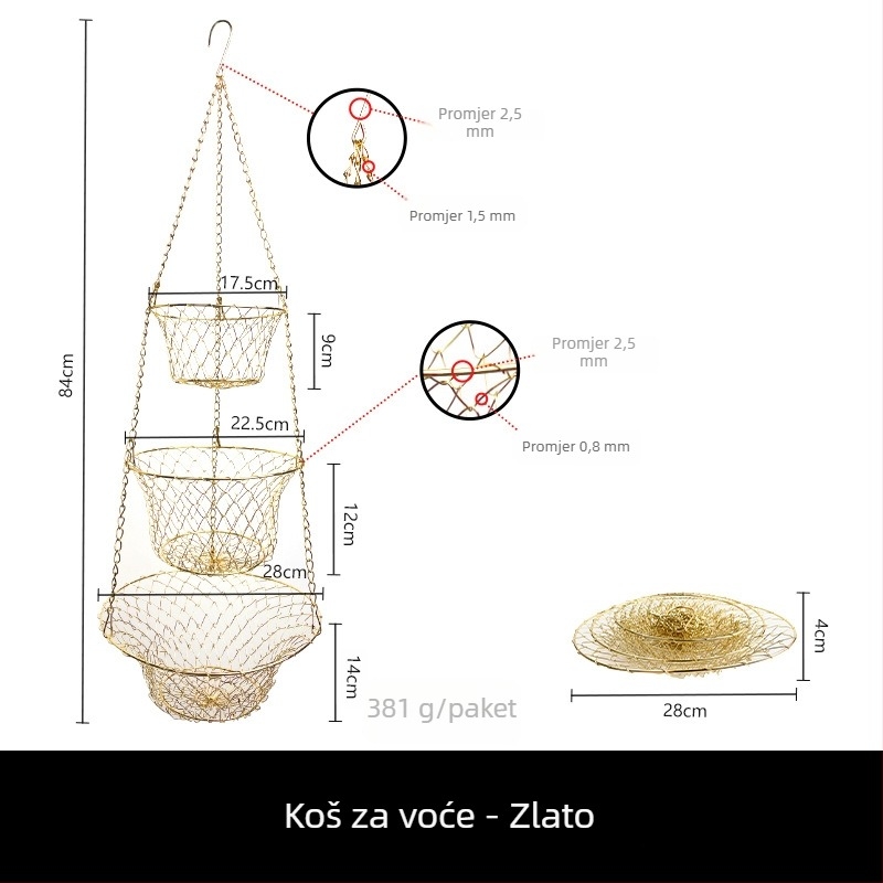 Trostruka metalna košara za voće, viseća i sklopiva, lagan luksuzni retro stil