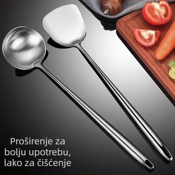 Set žlica i spatula od 201 nehrđajućeg čelika, s čeličnom ručkom; visoka otpornost na visoke temperature; kategorija: set žlica i spatula; mogućnost prilagodbe (tiskanje logotipa)