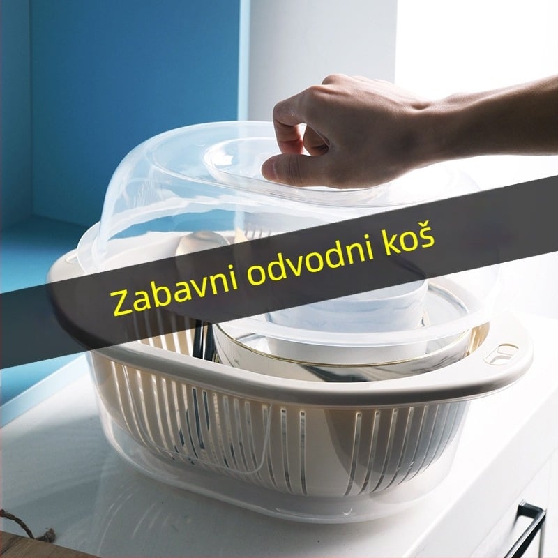 Dvoslojna plastična košara za pranje povrća s poklopcem, okrugli kuhinjski odvodni koš, višefunkcionalna posuda za voće i povrće
