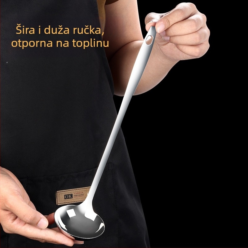 Nerđajući čelik žlica za juhu sa cjedilom – produženi držač sa kukom za vješanje, žlica za lonac s oštrim vrhom, otporna na visoke temperature