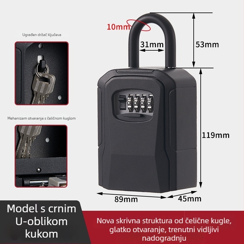Metalna kutija za ključe s lozinkom, Model 906l-2, debljina šipke zaključavanja 7 mm, razmak šipki 40 mm, otključavanje lozinkom, moderni minimalistički dizajn, pogodna za drvena, staklena i aluminijska vrata