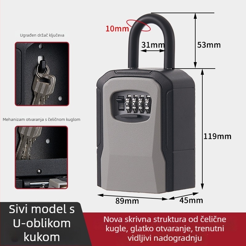 Metalna kutija za ključe s lozinkom, Model 906l-2, debljina šipke zaključavanja 7 mm, razmak šipki 40 mm, otključavanje lozinkom, moderni minimalistički dizajn, pogodna za drvena, staklena i aluminijska vrata