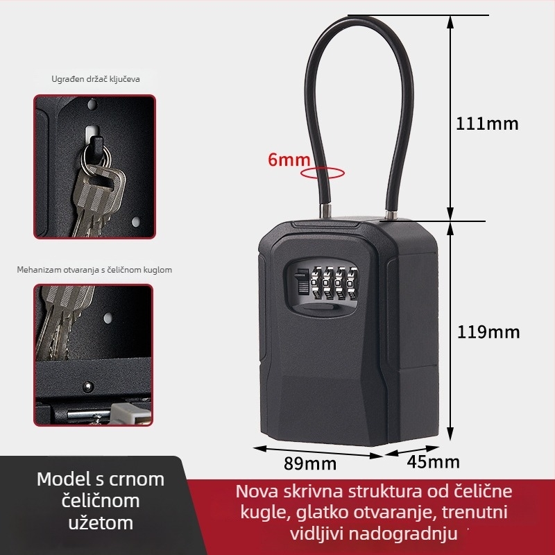 Metalna kutija za ključe s lozinkom, Model 906l-2, debljina šipke zaključavanja 7 mm, razmak šipki 40 mm, otključavanje lozinkom, moderni minimalistički dizajn, pogodna za drvena, staklena i aluminijska vrata