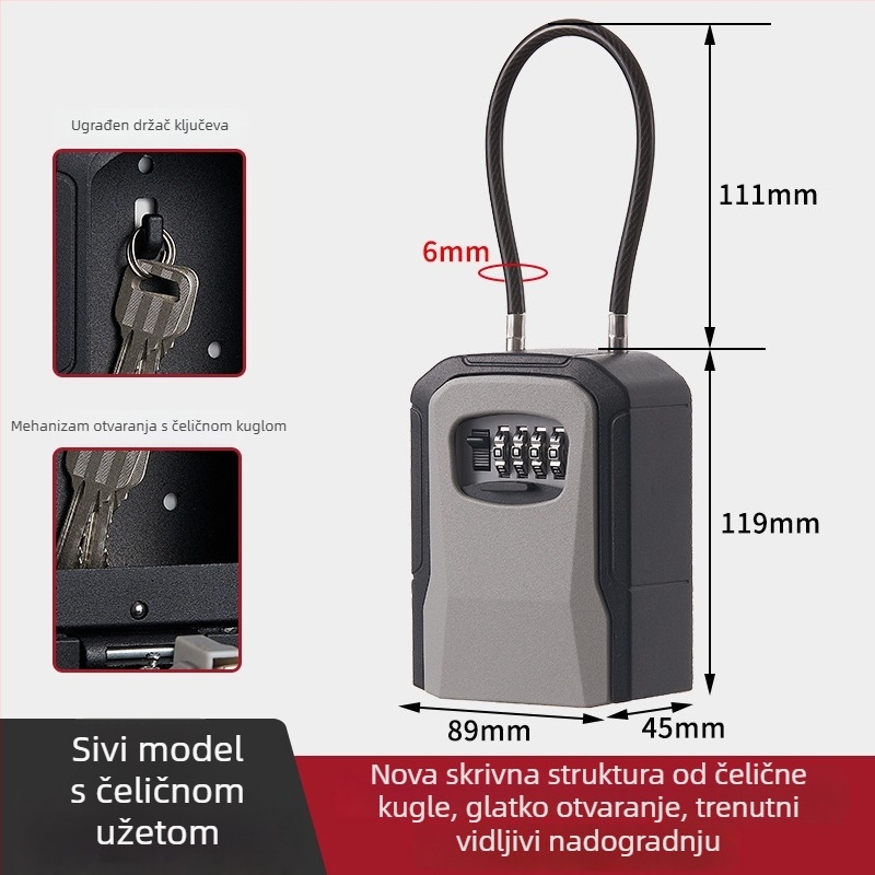 Metalna kutija za ključe s lozinkom, Model 906l-2, debljina šipke zaključavanja 7 mm, razmak šipki 40 mm, otključavanje lozinkom, moderni minimalistički dizajn, pogodna za drvena, staklena i aluminijska vrata