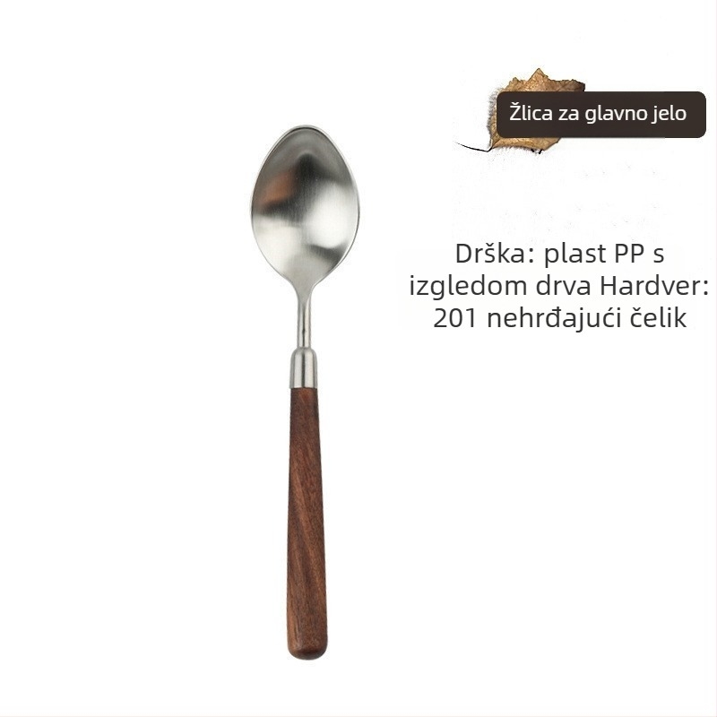 Set noževa i vilica od nehrđajućeg čelika s drvenom ručkom i žličicom s imitacijom oraščića, ručno izrađeno, moderni minimalistički stil