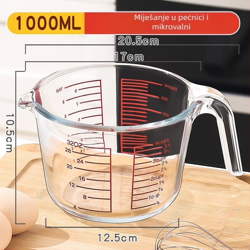 Mjerna šalica s držalom, borosilikatno staklo, graduirane oznake, debela, otporna na visoke temperature