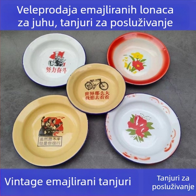 Emajlirani okrugli tanjur za užinu s cvjetnim uzorkom, stil Nacionalna plima i vjetar