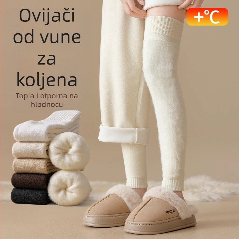 Ženske čarape iznad koljena od vune, podstavljene fleece, debele zimi, minimalistički stil, solidan uzorak, pletene jednim ubodom