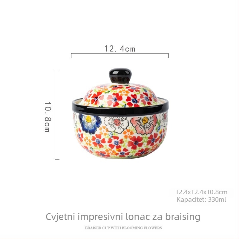 Keramična zdjela za parenje jaja s poklopcem, okrugla, cvjetni uzorak
