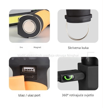 Napajana COB sklopiva magnetska radna svjetiljka, LED 20W, baterija 5000mAh, domet 200–500 m, uključeno punjač, idealno za planinarenje i kampiranje