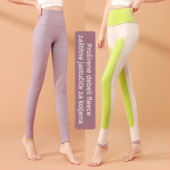 Damske tople hlače visokog struka s zaštitom za koljena i bokove, podstavljene, dvostruki sloj, bezšivne, pleteni materijal, 90–95% poliester