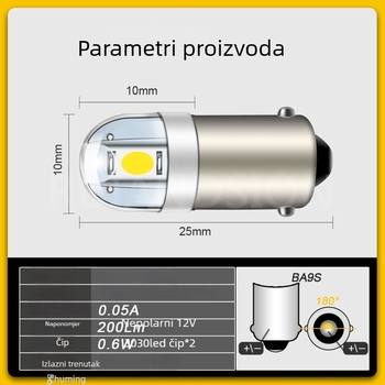 Automobilska LED lampica za čitanje BA9S/T10, 3030 2SMD, okrugla glava, 12V, visoka jasnost osvjetljenja registarske pločice