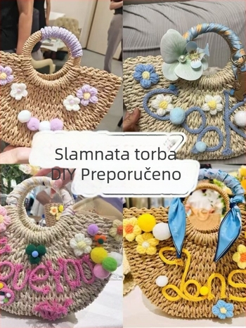 Originalna DIY ručno izrađena slamčana torba za plažu s motivom slova, nosiva u ruci ili preko ramena, ženska torba