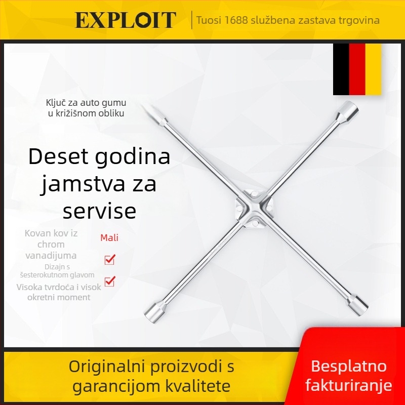 Križni šuplji ključ za demontažu i ugradnju guma, CR-V materijal, kromirani premaz, marka Exploit/Explore