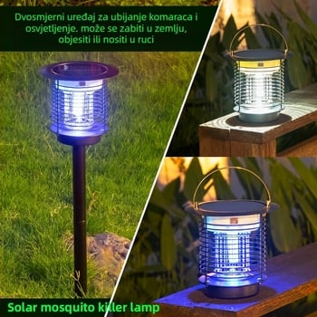 Solarna lampa za ubijanje komaraca za vanjsku upotrebu – ugrađena baterija 2001–2500 mAh, LED zamka za insekte, mreža od nehrđajućeg čelika, domet 41–60㎡, čvrst dizajn