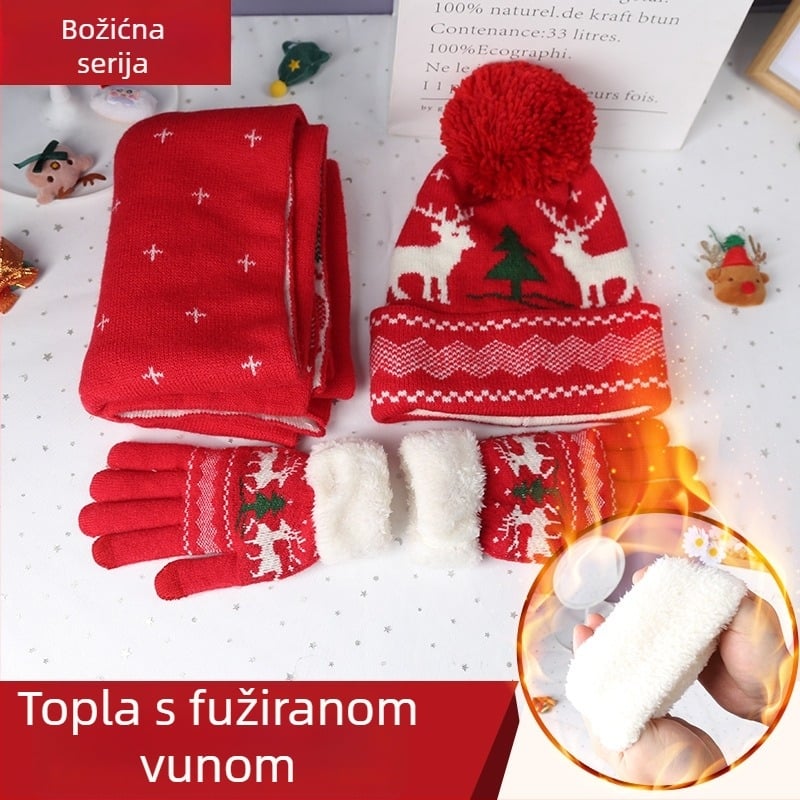 Topli božićni trodijelni poklon set: pleteni šal, rukavice i haljina s flis podstavom, s motivima jelena i pahulja
