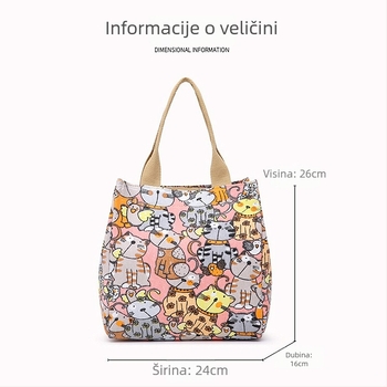 Ženska platnena torba velike kapacitete, print s animiranim likovima, horizontalnog kvadratnog oblika, zatvarač, džep za mobitel