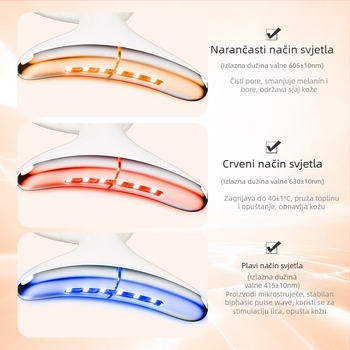 Uređaj za njegu vrata 816 – vibracijski masažer, fotonska ljepota i modul za oči; podizanje i zatezanje; baterija 3,7 V 500 mAh; vrijeme punjenja oko 2 sata; težina 105 g