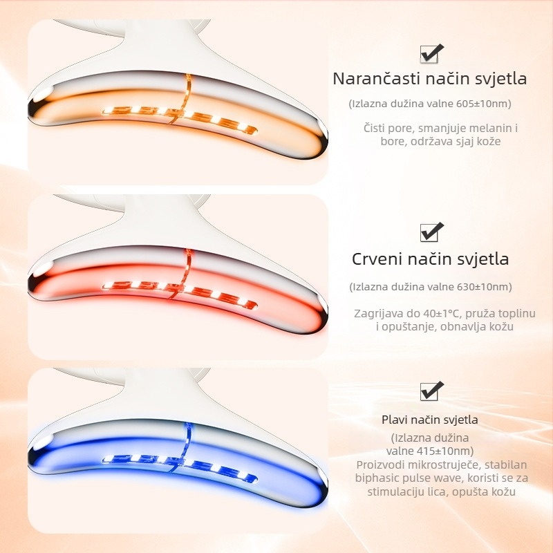 Uređaj za njegu vrata 816 – vibracijski masažer, fotonska ljepota i modul za oči; podizanje i zatezanje; baterija 3,7 V 500 mAh; vrijeme punjenja oko 2 sata; težina 105 g