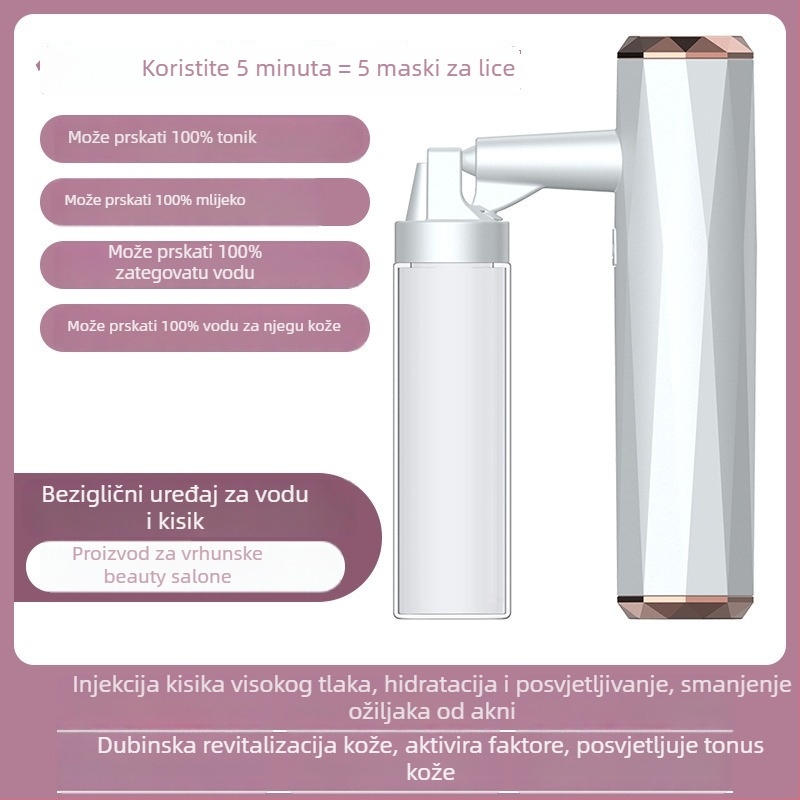 Ručni uređaj za oksigenacijsku injekciju i hidrataciju lica parom — prenosni uređaj za nadopunu vode, IPX7 vodootporan, ugrađena baterija 300–500 mAh, CE/FCC/ROHS certifikat