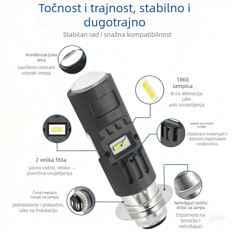 Motociklističko LED spot svjetlo prednje svjetlo s lećom H4/BA20D/P15D, 15W, 1500LM, 12-80V, 1860LED izvor svjetla, kućište od avionskog aluminija