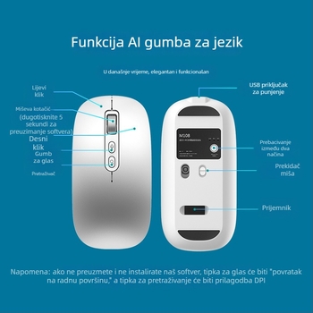 Bežični miš Bluetooth i 2.4G, dvostruki režim, 4000 DPI, 5 tipki, punjiv, ergonomski dizajn