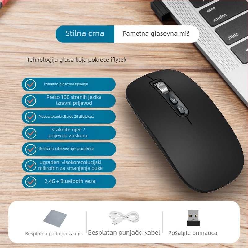 Bežični miš Bluetooth i 2.4G, dvostruki režim, 4000 DPI, 5 tipki, punjiv, ergonomski dizajn