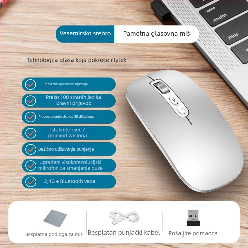 Bežični miš Bluetooth i 2.4G, dvostruki režim, 4000 DPI, 5 tipki, punjiv, ergonomski dizajn