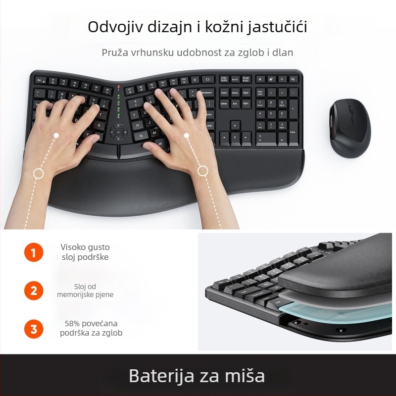 Meetion DirectorC ergonomski set tipkovnice i miša, bežično 2.4G, 112 tipki, DPI 800/1200/1800/2400, Plug and Play