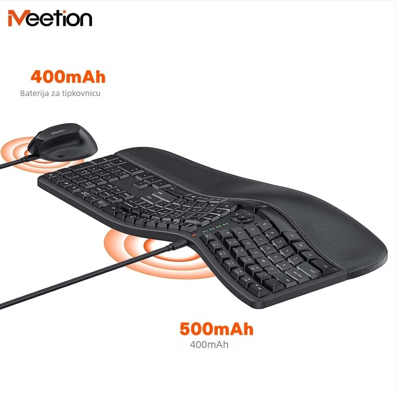 Meetion DirectorC ergonomski set tipkovnice i miša, bežično 2.4G, 112 tipki, DPI 800/1200/1800/2400, Plug and Play