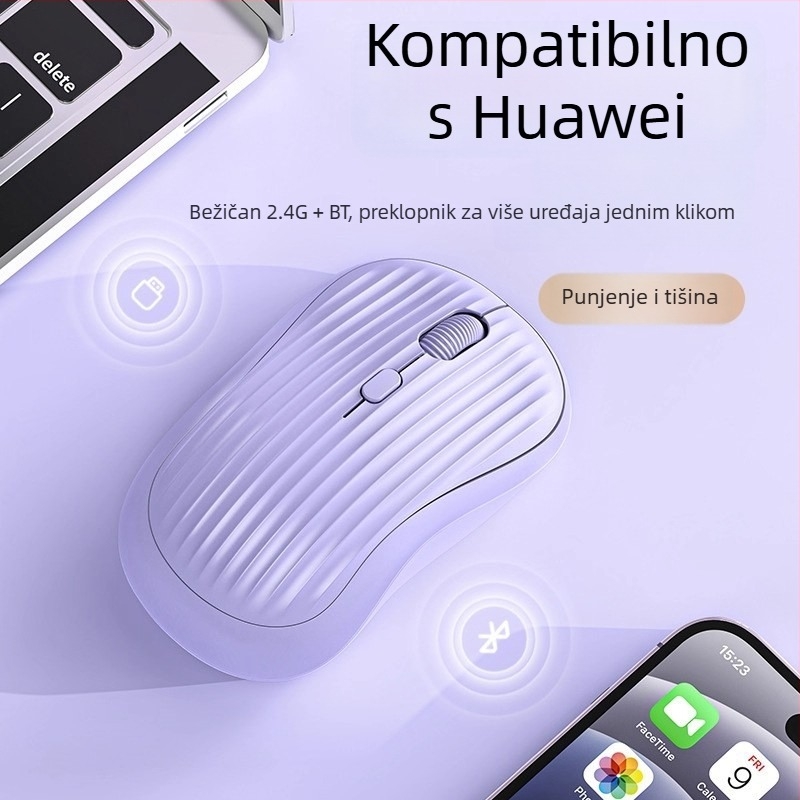 Bluetooth bežični miš za Huawei notebook — 2,4G + Bluetooth, 1600 DPI, ponovno punjiv, tih rad, USB napajanje (uključen kabel za punjenje)