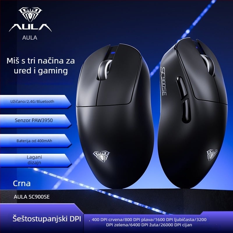 Gaming Bluetooth miš s DPI 26000, 7 tipki, USB sučelje, punjiva baterija, dvostruka bežična 2.4G/Bluetooth