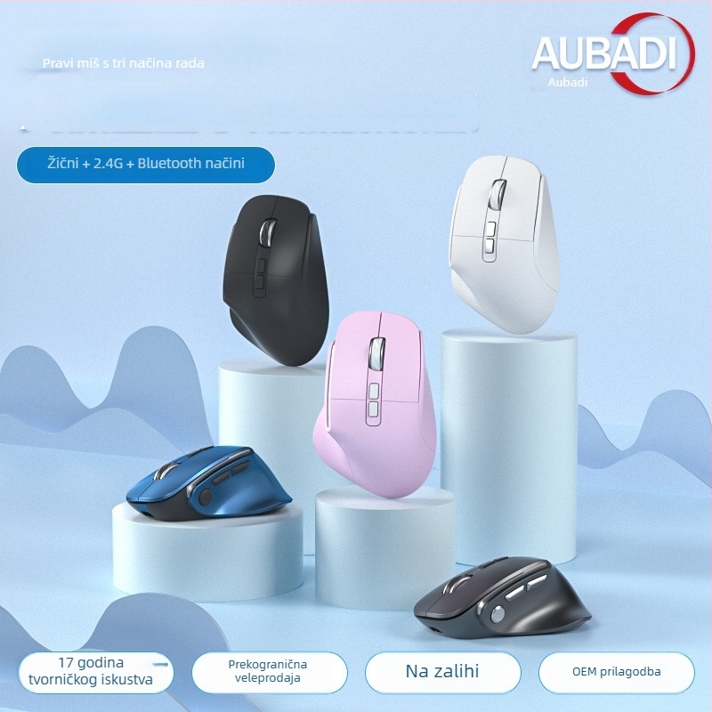 Trojmodni tiho ergonomski vertikalni miš za ured i igre, punjiv, 1600 DPI, USB i Bluetooth, 8 tipki, dimenzije 127×83×47 mm