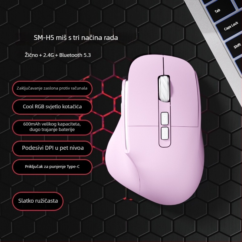 Trojmodni tiho ergonomski vertikalni miš za ured i igre, punjiv, 1600 DPI, USB i Bluetooth, 8 tipki, dimenzije 127×83×47 mm