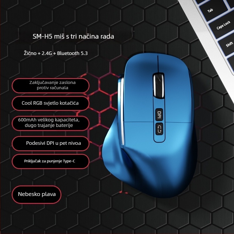Trojmodni tiho ergonomski vertikalni miš za ured i igre, punjiv, 1600 DPI, USB i Bluetooth, 8 tipki, dimenzije 127×83×47 mm