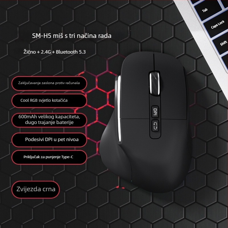 Trojmodni tiho ergonomski vertikalni miš za ured i igre, punjiv, 1600 DPI, USB i Bluetooth, 8 tipki, dimenzije 127×83×47 mm