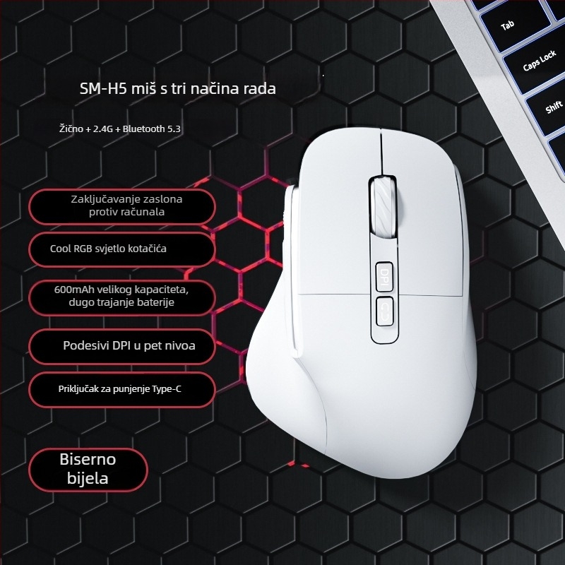 Trojmodni tiho ergonomski vertikalni miš za ured i igre, punjiv, 1600 DPI, USB i Bluetooth, 8 tipki, dimenzije 127×83×47 mm