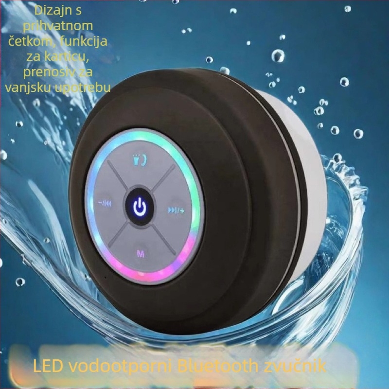 Bluetooth zvučnik s usisnom pričvršćivačem i LED bljeskalicom, IPX4 vodootporan, prenosni mini bas zvučnik, Bluetooth 5.0, domet do 10 m, 3W