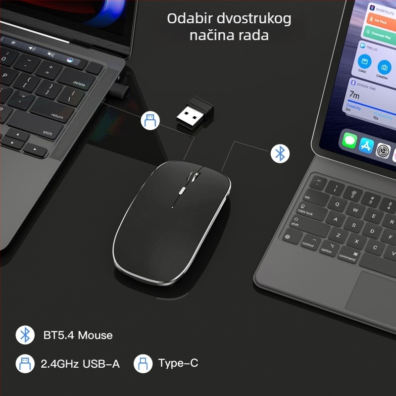 Bluetooth bežična miša s Type-C punjenjem, USB dvostruki prijemnik, 1600 dpi, tiha, ergonomska.