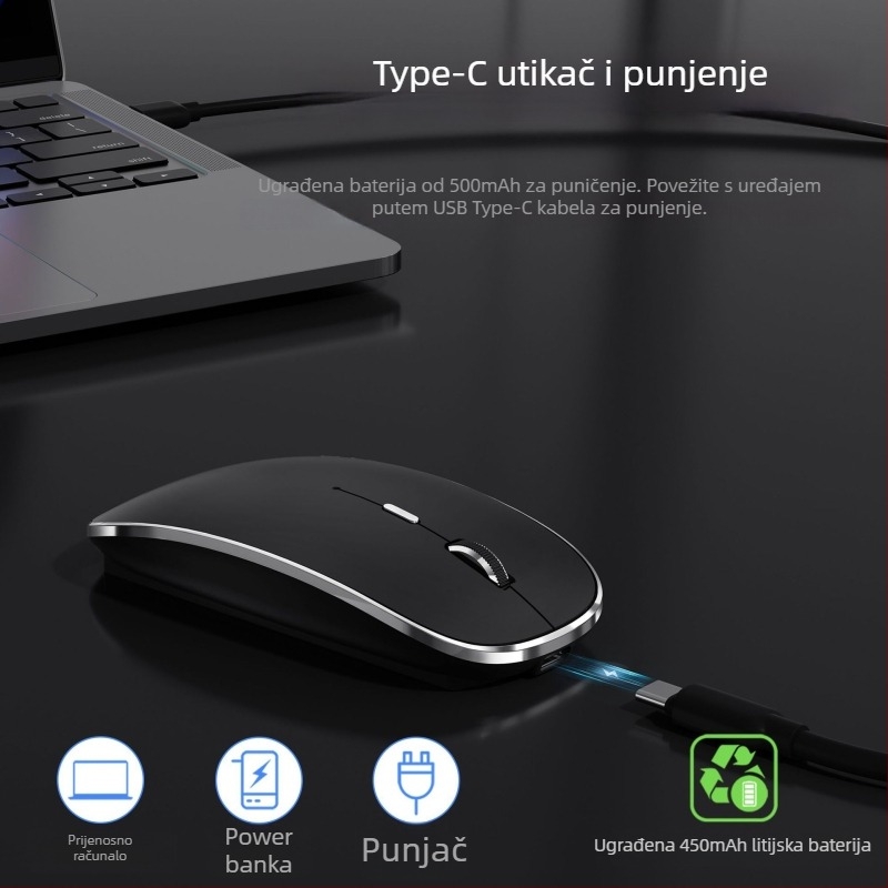 Bluetooth bežična miša s Type-C punjenjem, USB dvostruki prijemnik, 1600 dpi, tiha, ergonomska.