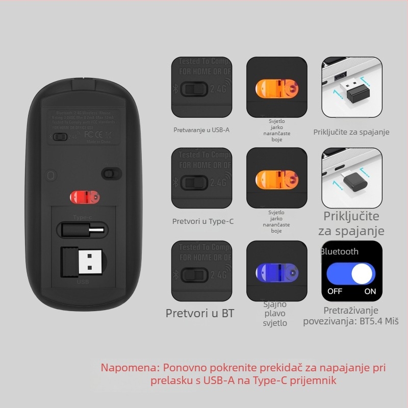 Bluetooth bežična miša s Type-C punjenjem, USB dvostruki prijemnik, 1600 dpi, tiha, ergonomska.