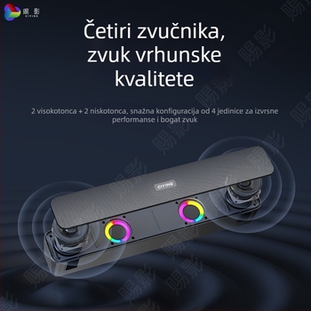 Bluetooth zvučnik za desktop i vanjsku upotrebu s subwooferom i LED svjetlima — 10W, ugrađena baterija 1000–1200mAh, Bluetooth 5.0, frekvencijski odziv 100Hz–20kHz, SNR ≥75dB