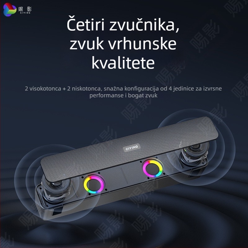 Bluetooth zvučnik za desktop i vanjsku upotrebu s subwooferom i LED svjetlima — 10W, ugrađena baterija 1000–1200mAh, Bluetooth 5.0, frekvencijski odziv 100Hz–20kHz, SNR ≥75dB