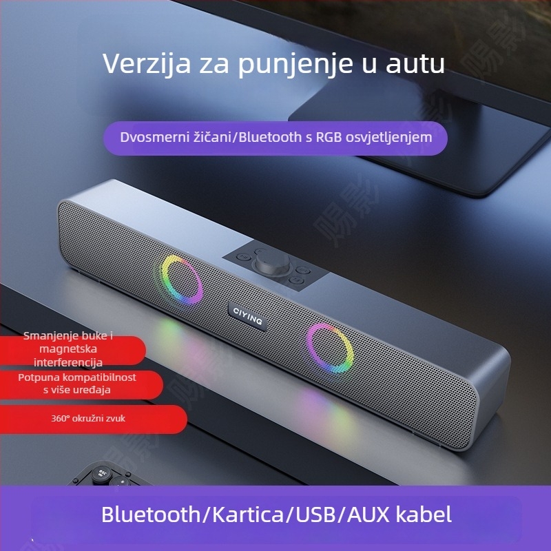 Bluetooth zvučnik za desktop i vanjsku upotrebu s subwooferom i LED svjetlima — 10W, ugrađena baterija 1000–1200mAh, Bluetooth 5.0, frekvencijski odziv 100Hz–20kHz, SNR ≥75dB